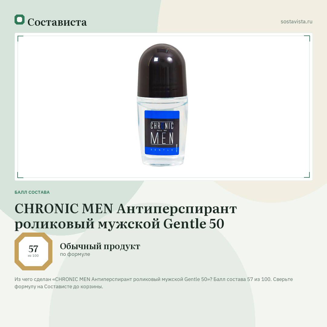 CHRONIC MEN Антиперспирант роликовый мужской Gentle 50: балл состава 57 из 100 — Состависта