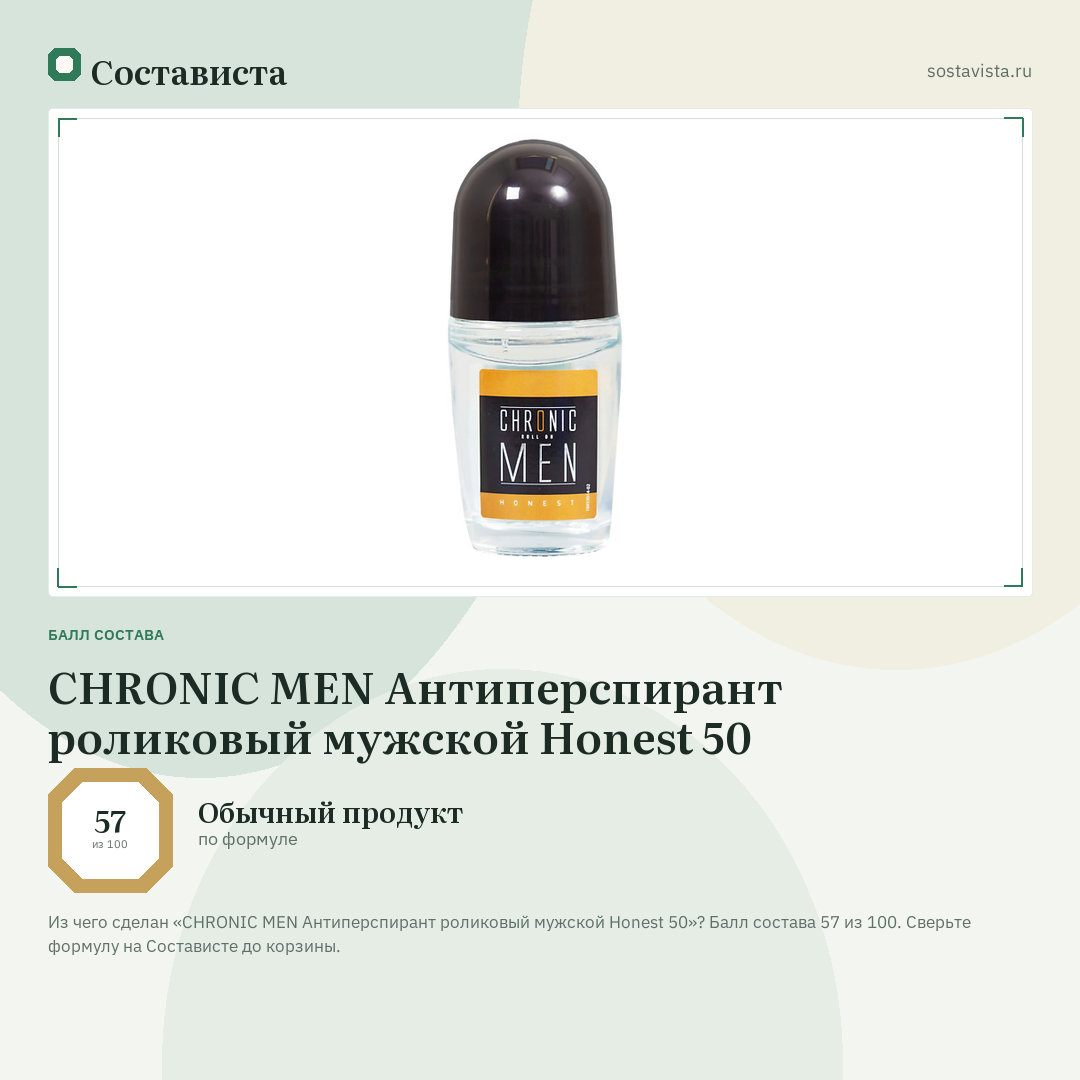 CHRONIC MEN Антиперспирант роликовый мужской Honest 50: балл состава 57 из 100 — Состависта
