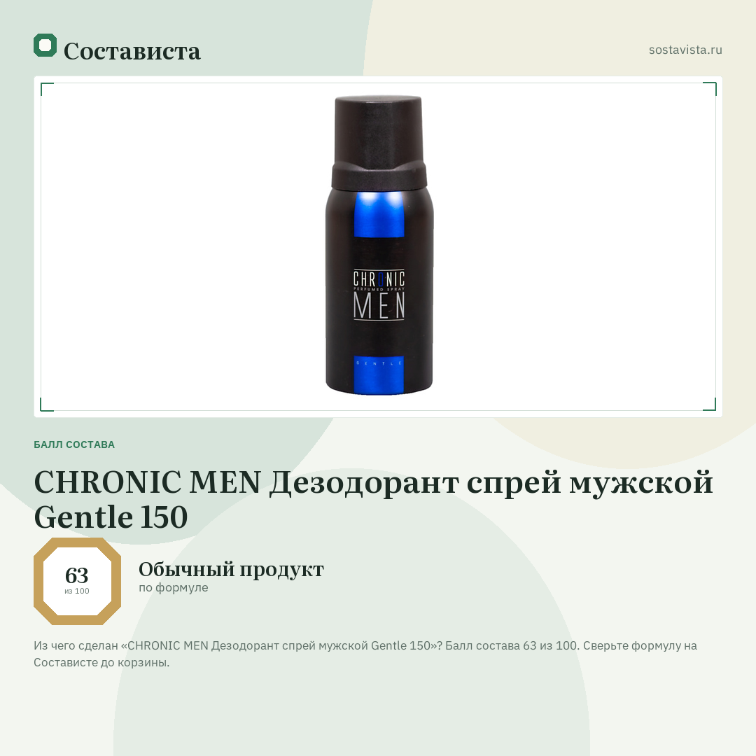CHRONIC MEN Дезодорант спрей мужской Gentle 150: балл состава 63 из 100 — Состависта