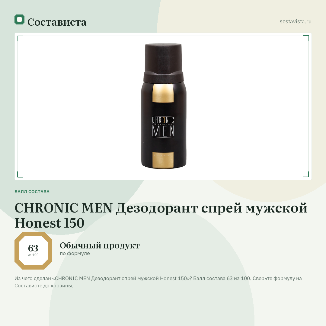 CHRONIC MEN Дезодорант спрей мужской Honest 150: балл состава 63 из 100 — Состависта