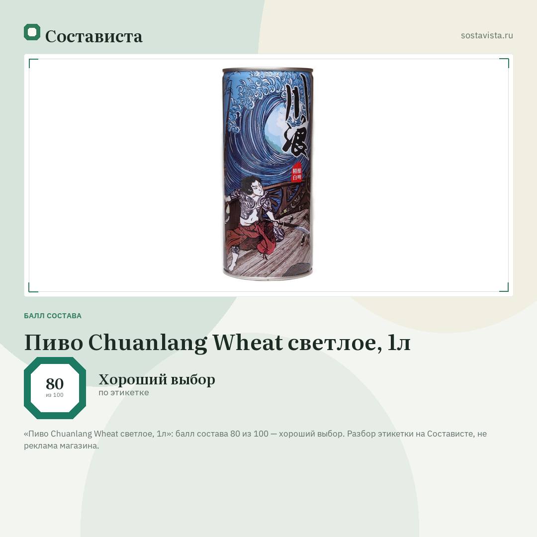 Пиво Chuanlang Wheat светлое, 1л: балл состава 80 из 100 — Состависта