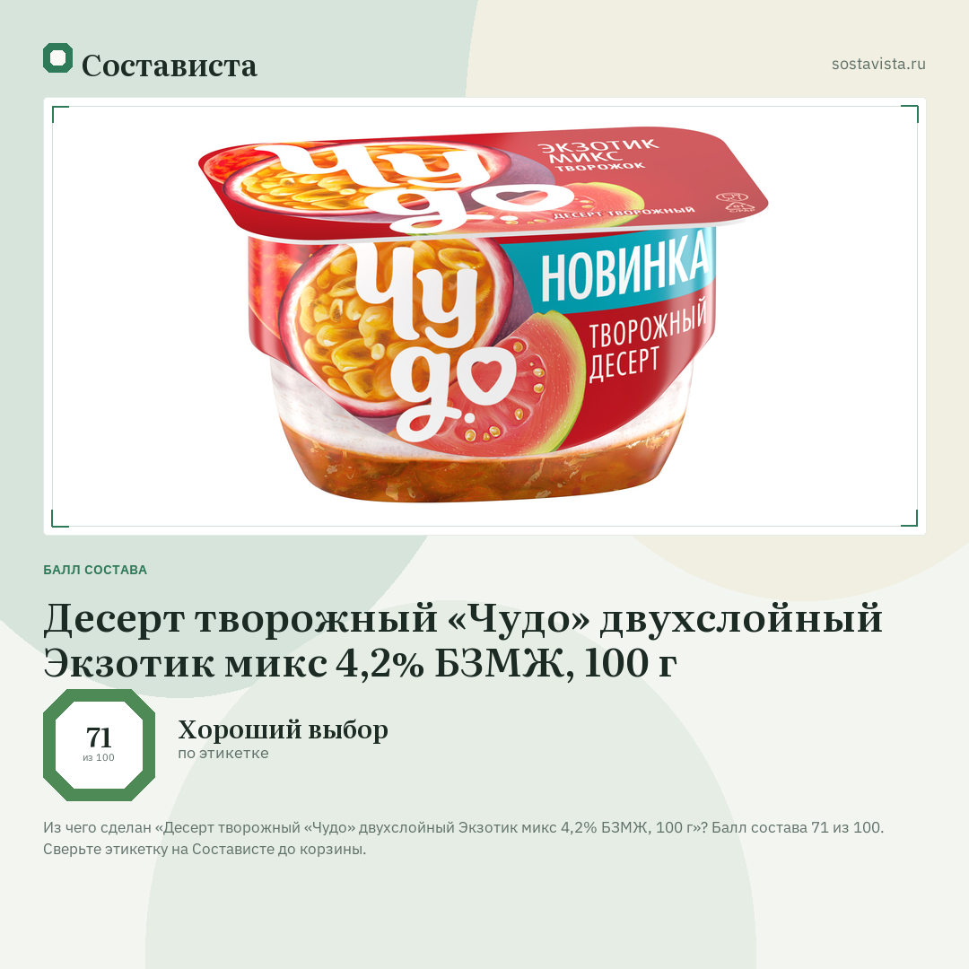 Десерт творожный «Чудо» двухслойный Экзотик микс 4,2% БЗМЖ, 100 г: балл состава 71 из 100 — Состависта