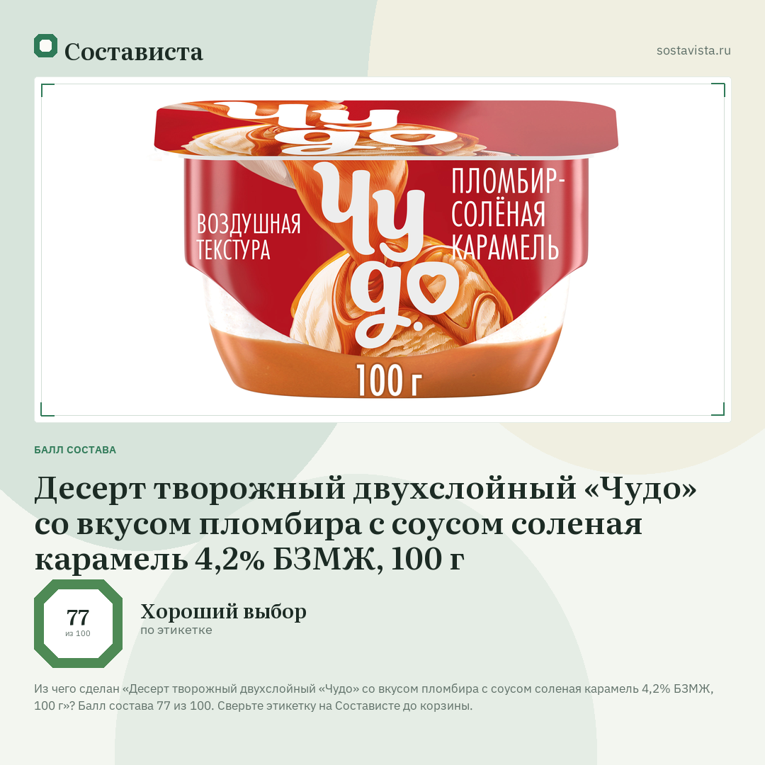 Десерт творожный двухслойный «Чудо» со вкусом пломбира с соусом соленая карамель 4,2% БЗМЖ, 100 г: балл состава 77 из 100 — Состависта