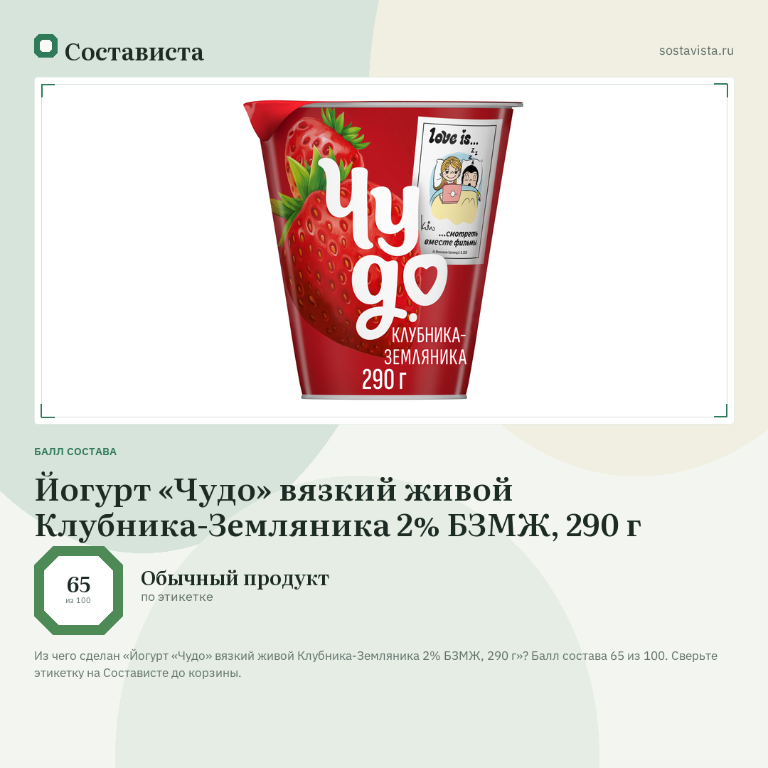 Йогурт «Чудо» вязкий живой Клубника-Земляника 2% БЗМЖ, 290 г: балл состава 65 из 100 — Состависта
