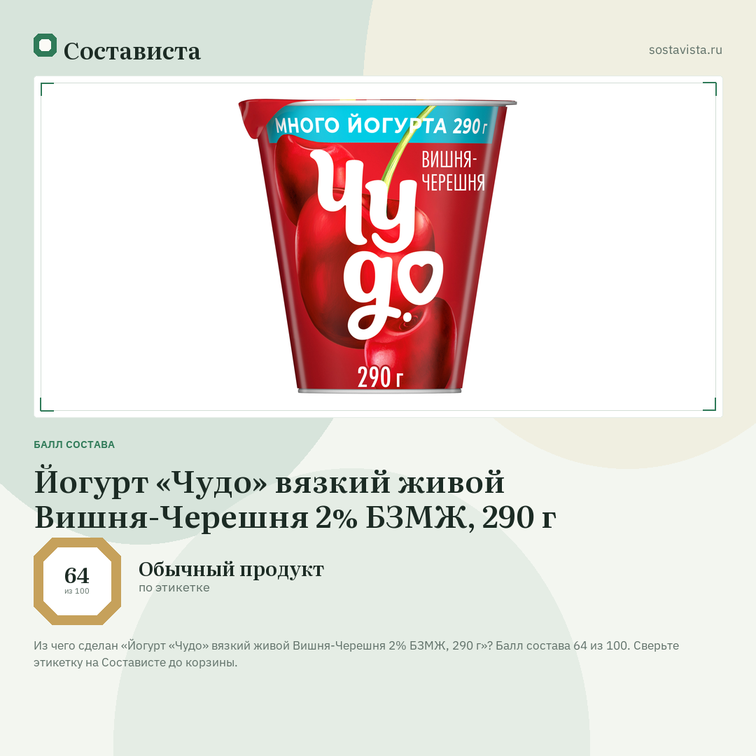 Йогурт «Чудо» вязкий живой Вишня-Черешня 2% БЗМЖ, 290 г: балл состава 64 из 100 — Состависта