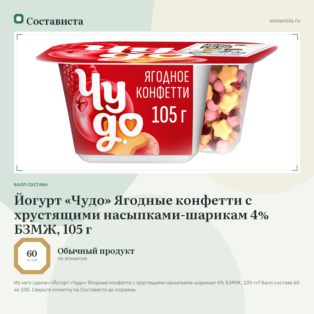 Йогурт «Чудо» Ягодные конфетти с хрустящими насыпками-шарикам 4% БЗМЖ, 105 г: балл состава 60 из 100 — Состависта