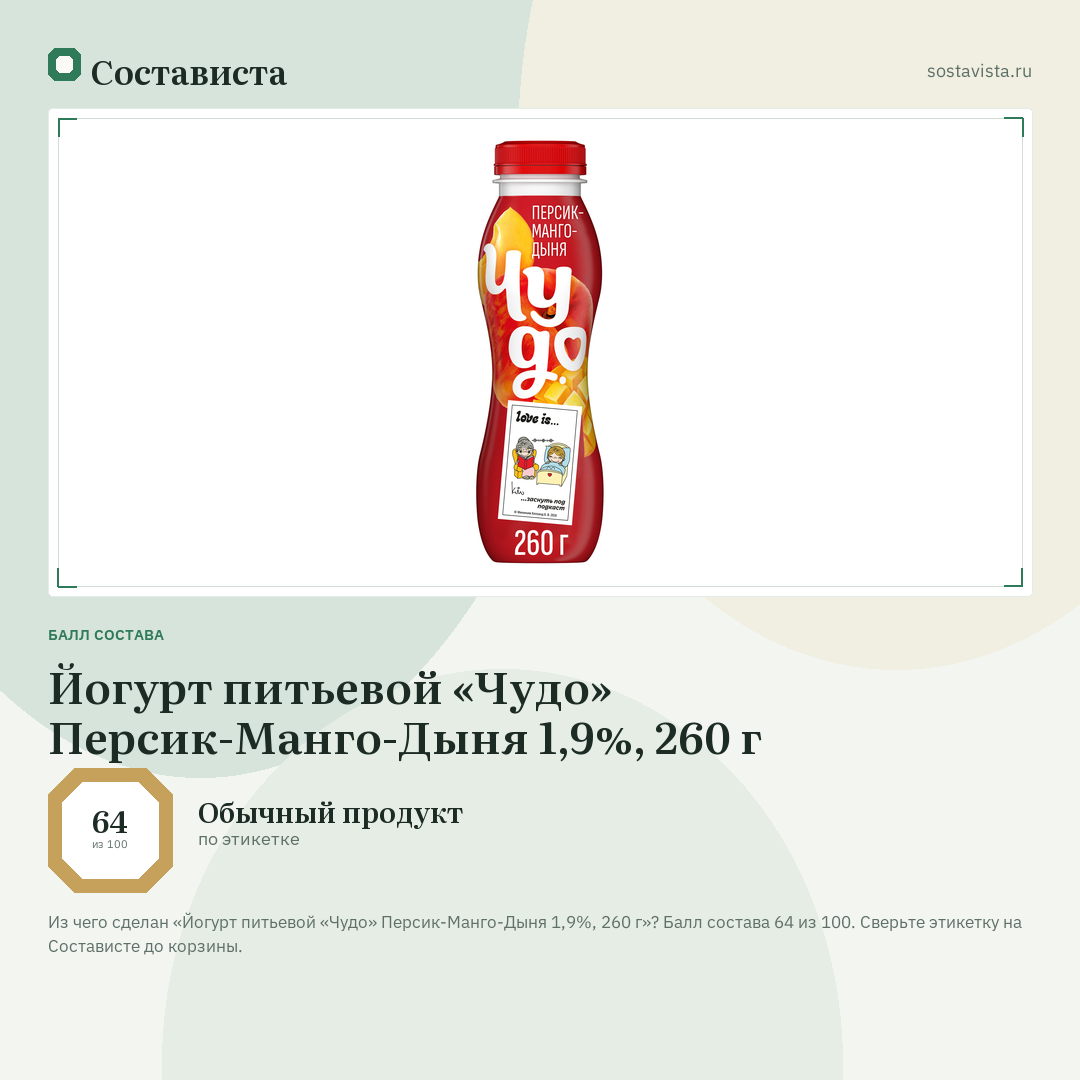 Йогурт питьевой «Чудо» Персик-Манго-Дыня 1,9%, 260 г: балл состава 64 из 100 — Состависта