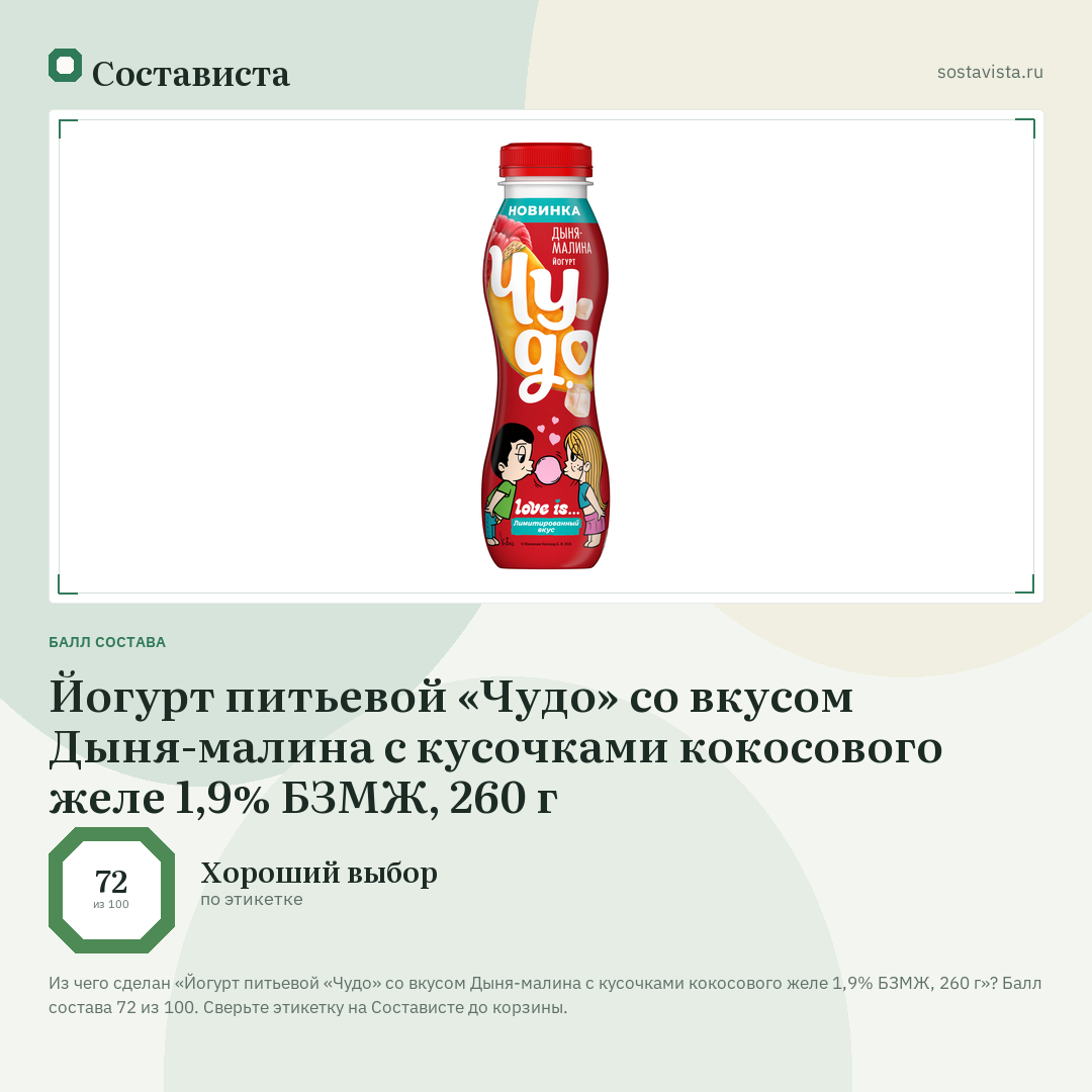 Йогурт питьевой «Чудо» со вкусом Дыня-малина с кусочками кокосового желе 1,9% БЗМЖ, 260 г: балл состава 72 из 100 — Состависта