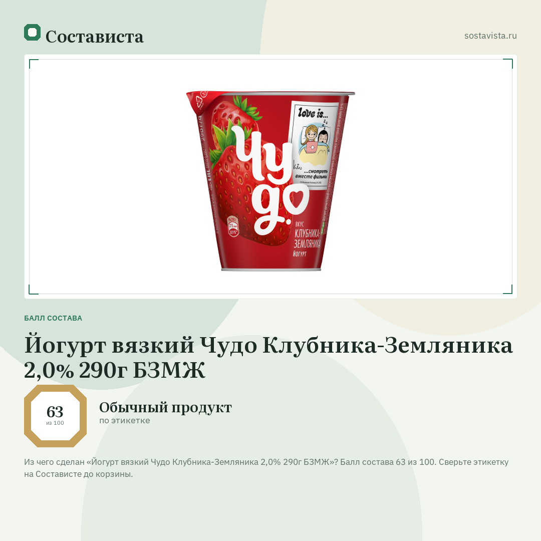 Йогурт вязкий Чудо Клубника-Земляника 2,0% 290г БЗМЖ: балл состава 63 из 100 — Состависта