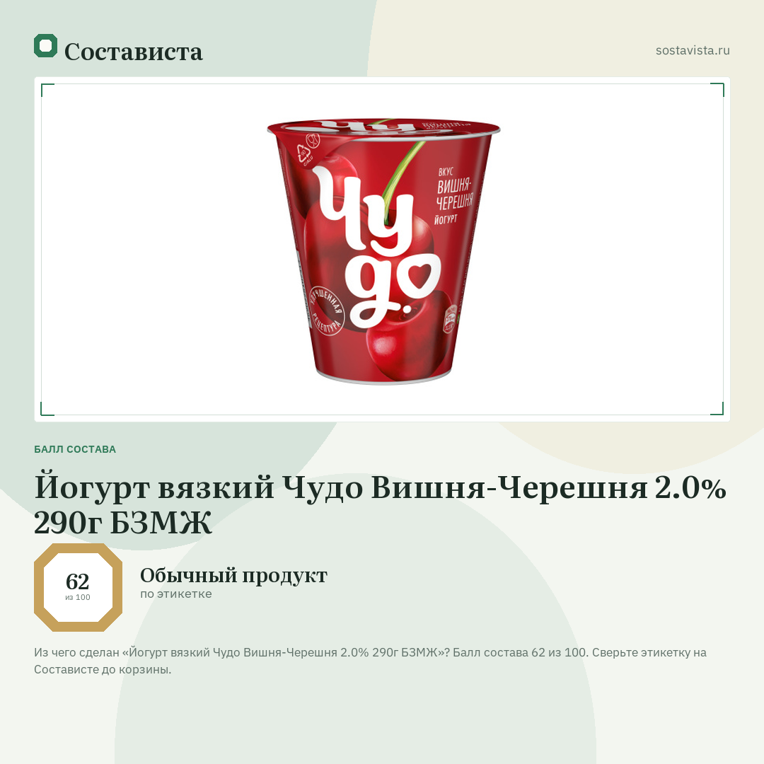 Йогурт вязкий Чудо Вишня-Черешня 2.0% 290г БЗМЖ: балл состава 62 из 100 — Состависта