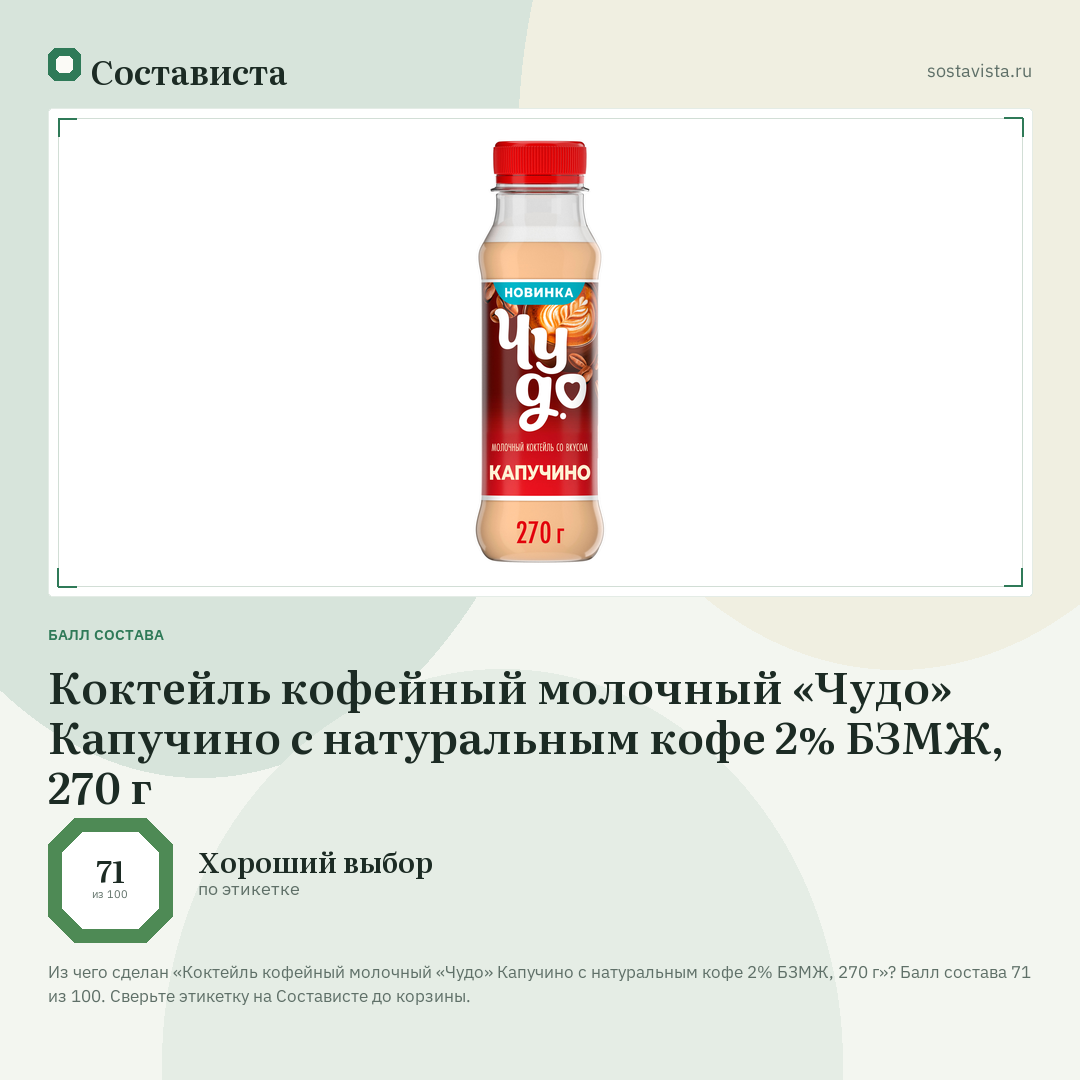 Коктейль кофейный молочный «Чудо» Капучино с натуральным кофе 2% БЗМЖ, 270 г: балл состава 71 из 100 — Состависта