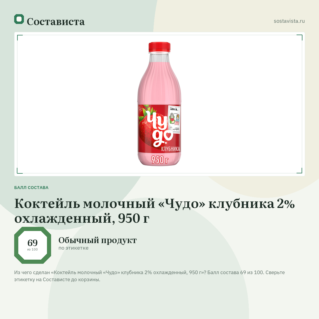 Коктейль молочный «Чудо» клубника 2% охлажденный, 950 г: балл состава 69 из 100 — Состависта