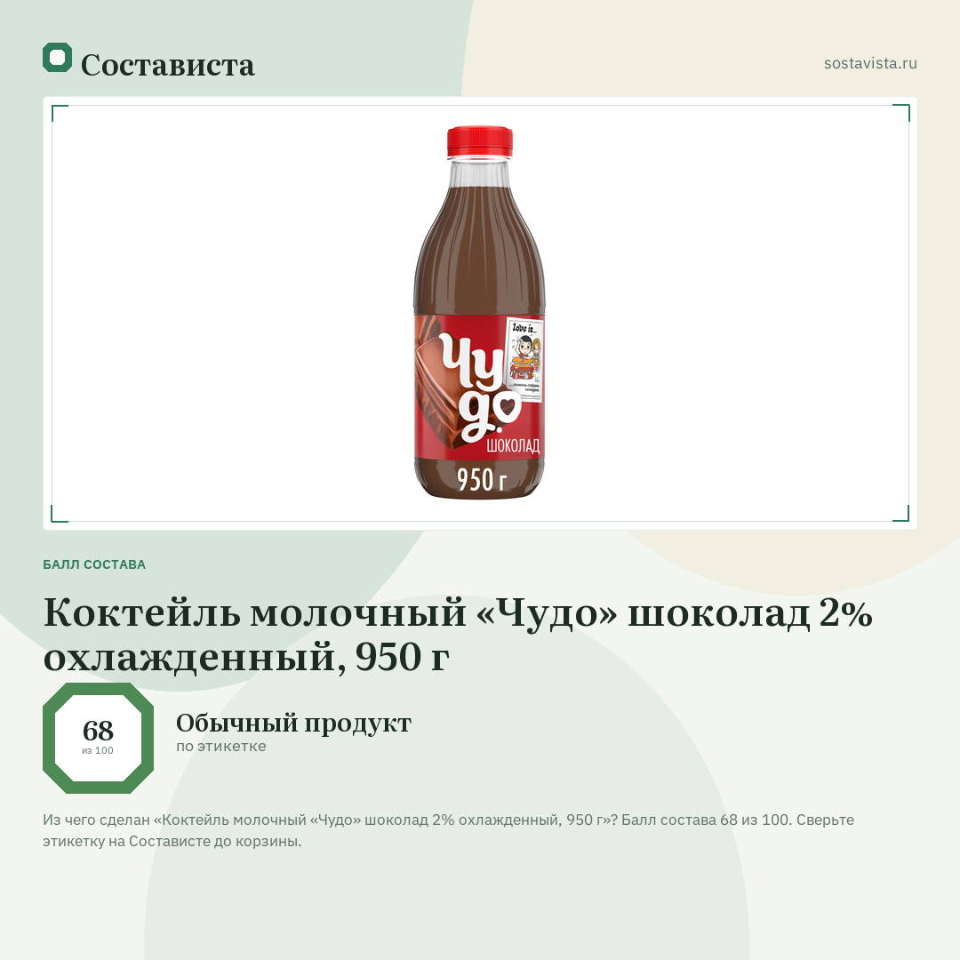 Коктейль молочный «Чудо» шоколад 2% охлажденный, 950 г: балл состава 68 из 100 — Состависта