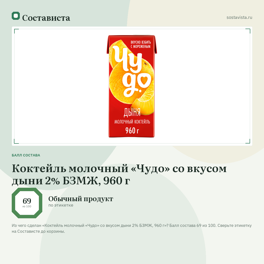 Коктейль молочный «Чудо» со вкусом дыни 2% БЗМЖ, 960 г: балл состава 69 из 100 — Состависта