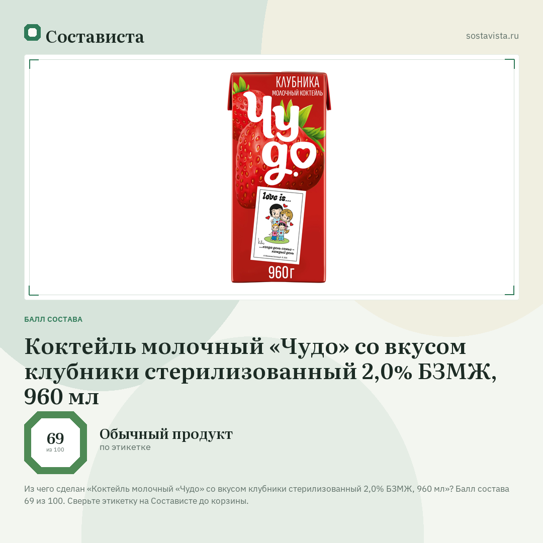 Коктейль молочный «Чудо» со вкусом клубники стерилизованный 2,0% БЗМЖ, 960 мл: балл состава 69 из 100 — Состависта