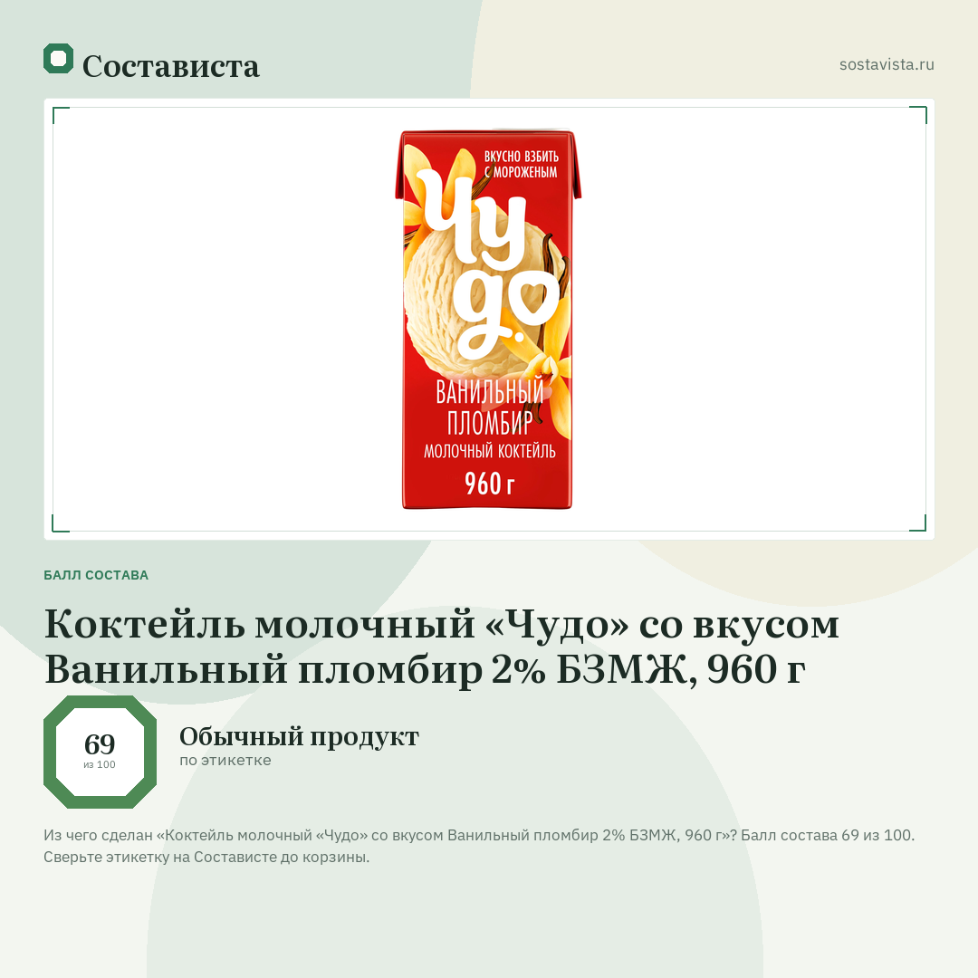 Коктейль молочный «Чудо» со вкусом Ванильный пломбир 2% БЗМЖ, 960 г: балл состава 69 из 100 — Состависта