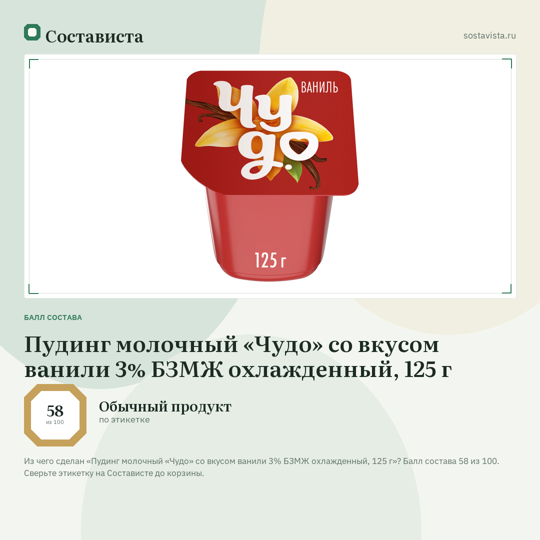 Пудинг молочный «Чудо» со вкусом ванили 3% БЗМЖ охлажденный, 125 г: балл состава 58 из 100 — Состависта