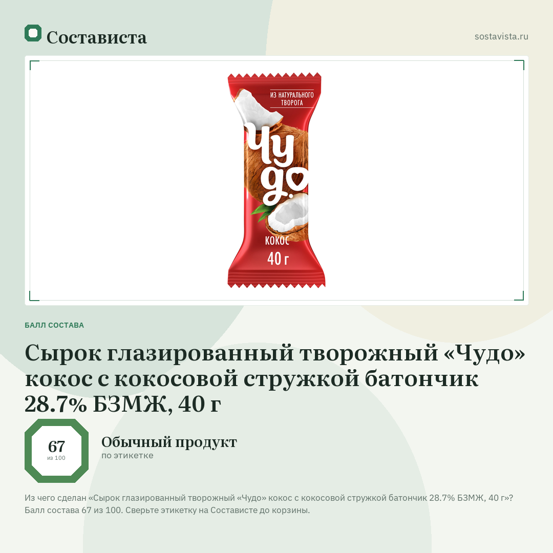 Сырок глазированный творожный «Чудо» кокос с кокосовой стружкой батончик 28.7% БЗМЖ, 40 г: балл состава 67 из 100 — Состависта