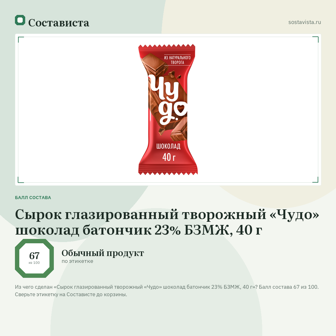 Сырок глазированный творожный «Чудо» шоколад батончик 23% БЗМЖ, 40 г: балл состава 67 из 100 — Состависта
