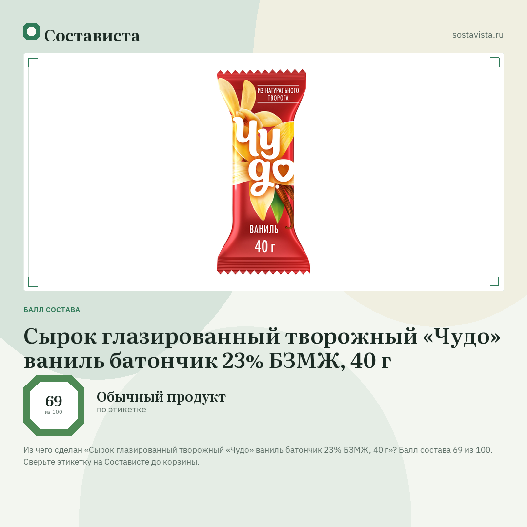Сырок глазированный творожный «Чудо» ваниль батончик 23% БЗМЖ, 40 г: балл состава 69 из 100 — Состависта