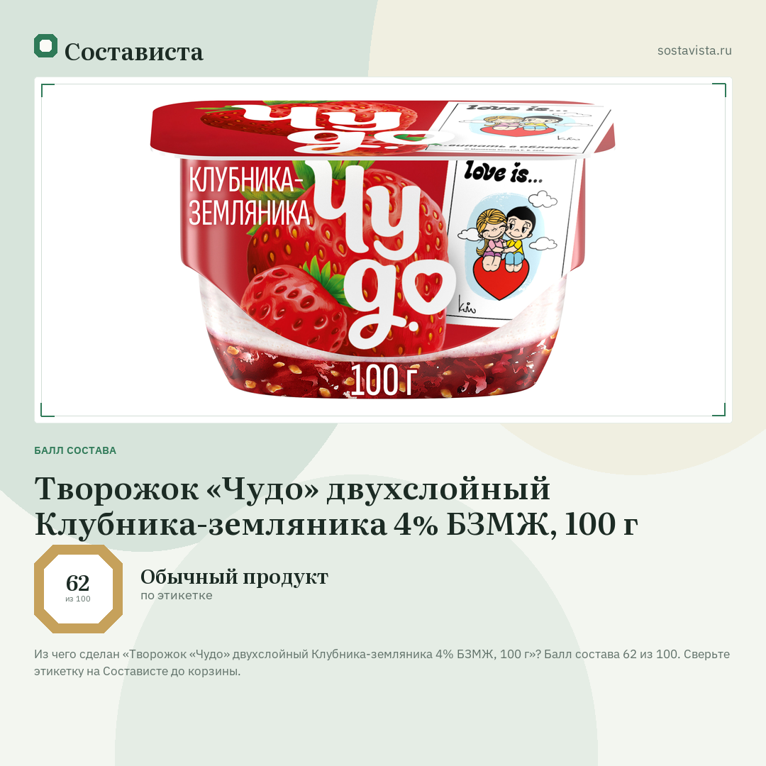 Творожок «Чудо» двухслойный Клубника-земляника 4% БЗМЖ, 100 г: балл состава 62 из 100 — Состависта