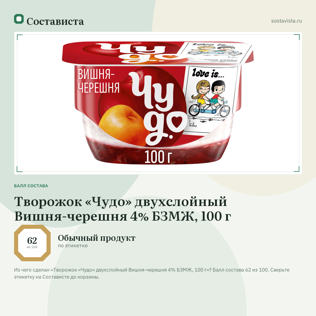 Творожок «Чудо» двухслойный Вишня-черешня 4% БЗМЖ, 100 г: балл состава 62 из 100 — Состависта