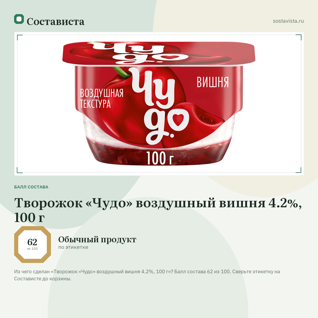 Творожок «Чудо» воздушный вишня 4.2%, 100 г: балл состава 62 из 100 — Состависта
