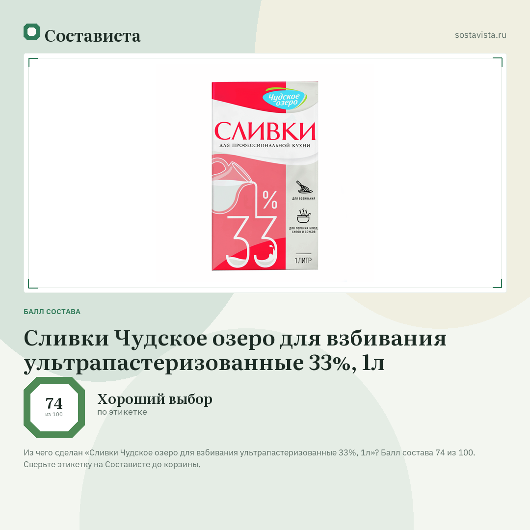 Сливки Чудское озеро для взбивания ультрапастеризованные 33%, 1л: балл состава 74 из 100 — Состависта