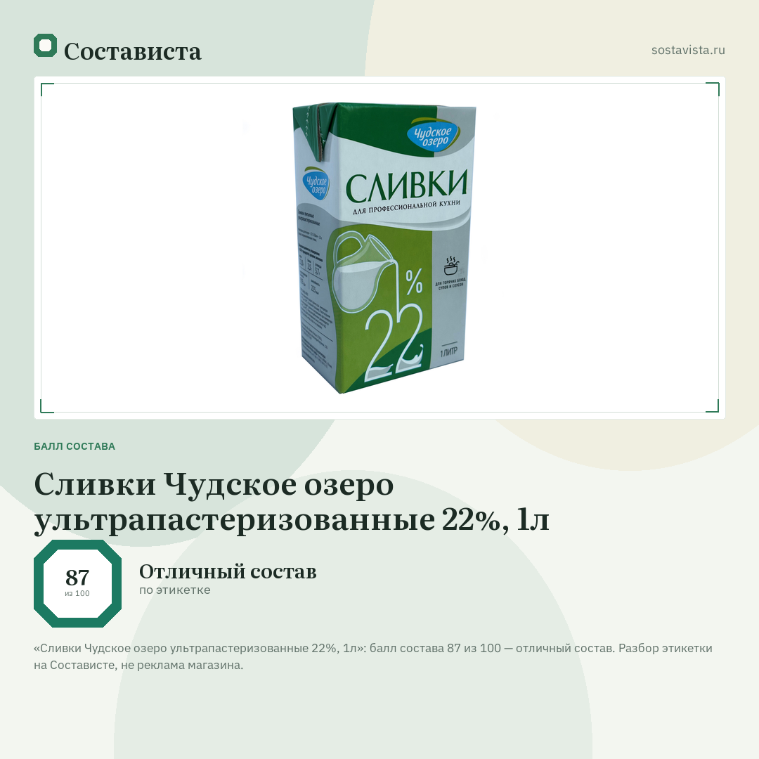 Сливки Чудское озеро ультрапастеризованные 22%, 1л: балл состава 87 из 100 — Состависта