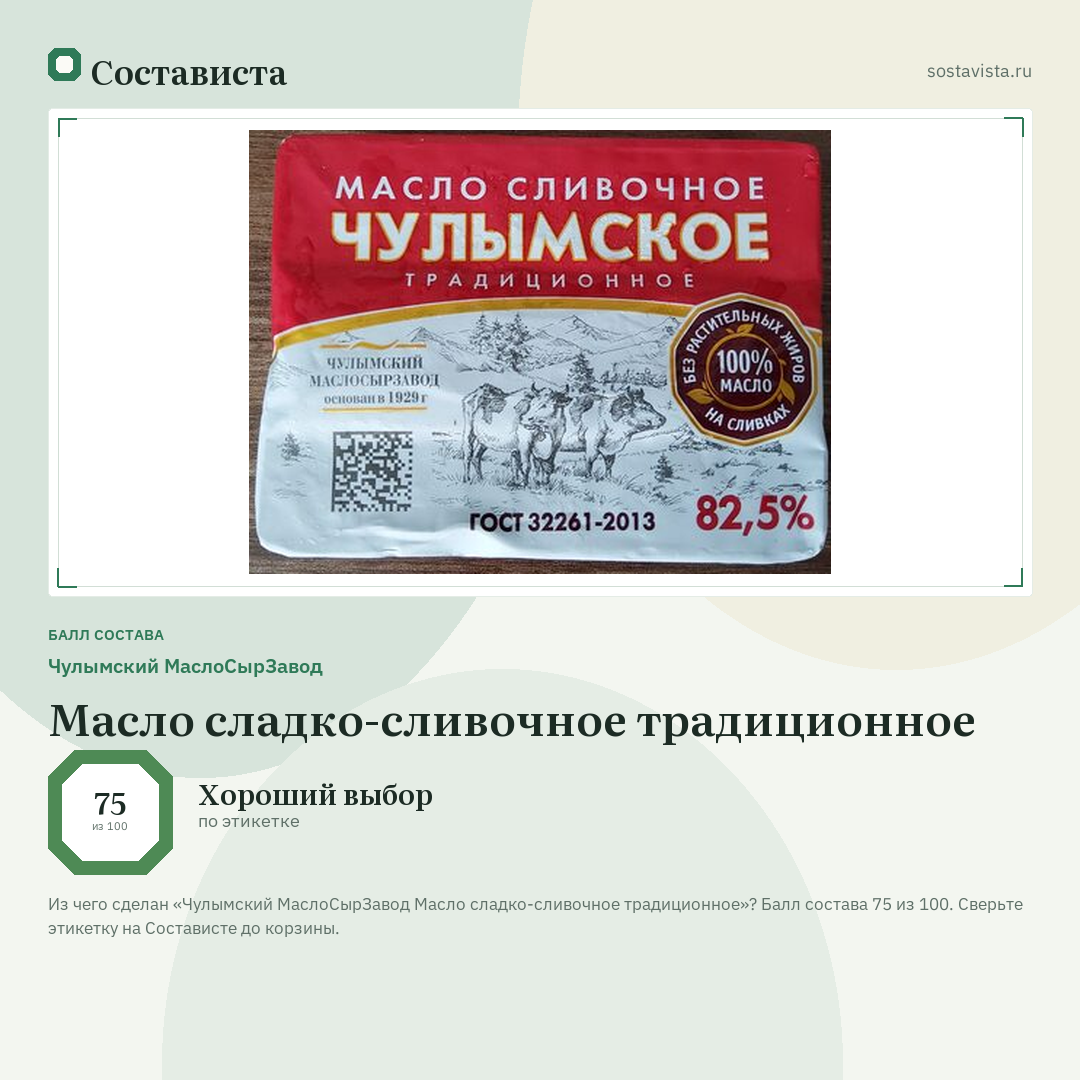 Чулымский МаслоСырЗавод Масло сладко-сливочное традиционное: балл состава 75 из 100 — Состависта