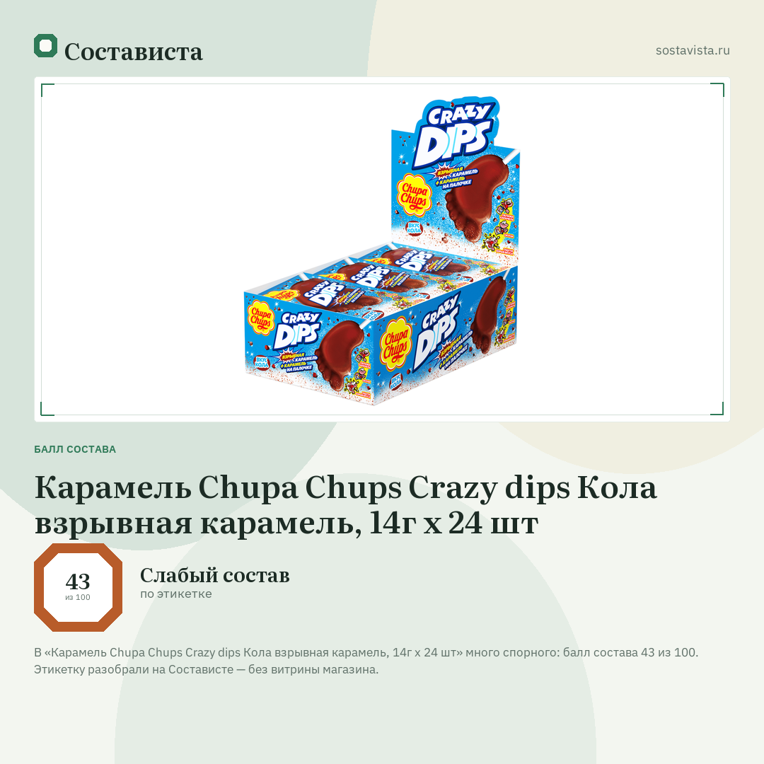 Карамель Chupa Chups Crazy dips Кола взрывная карамель, 14г x 24 шт: балл состава 43 из 100 — Состависта