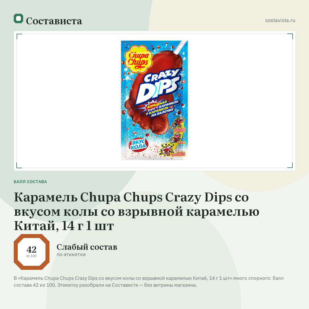 Карамель Chupa Chups Crazy Dips со вкусом колы со взрывной карамелью Китай, 14 г 1 шт: балл состава 42 из 100 — Состависта
