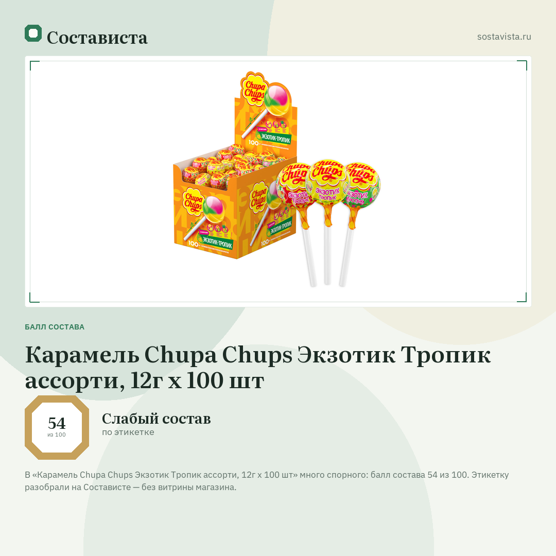 Карамель Chupa Chups Экзотик Тропик ассорти, 12г x 100 шт: балл состава 54 из 100 — Состависта