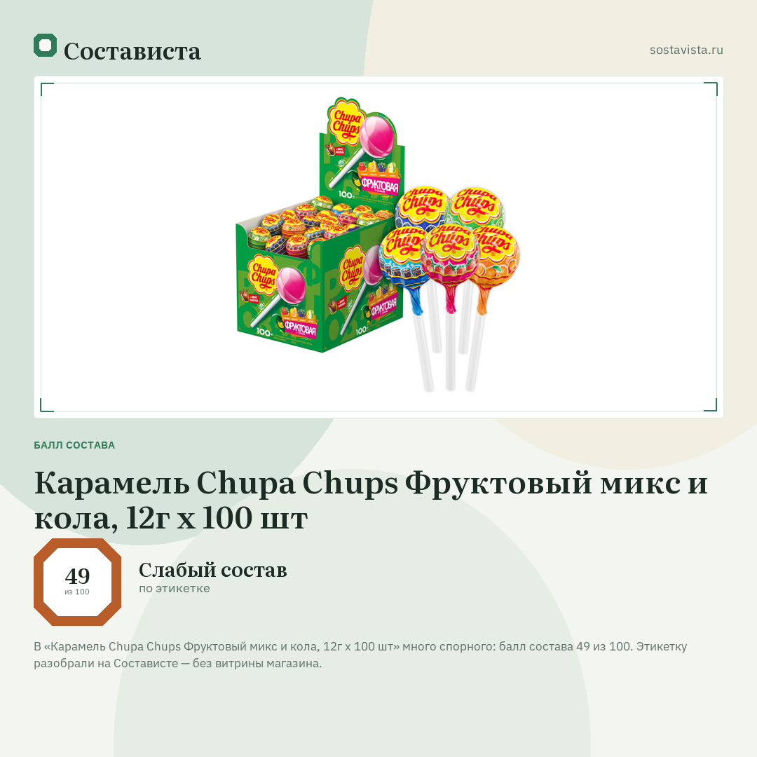 Карамель Chupa Chups Фруктовый микс и кола, 12г x 100 шт: балл состава 49 из 100 — Состависта