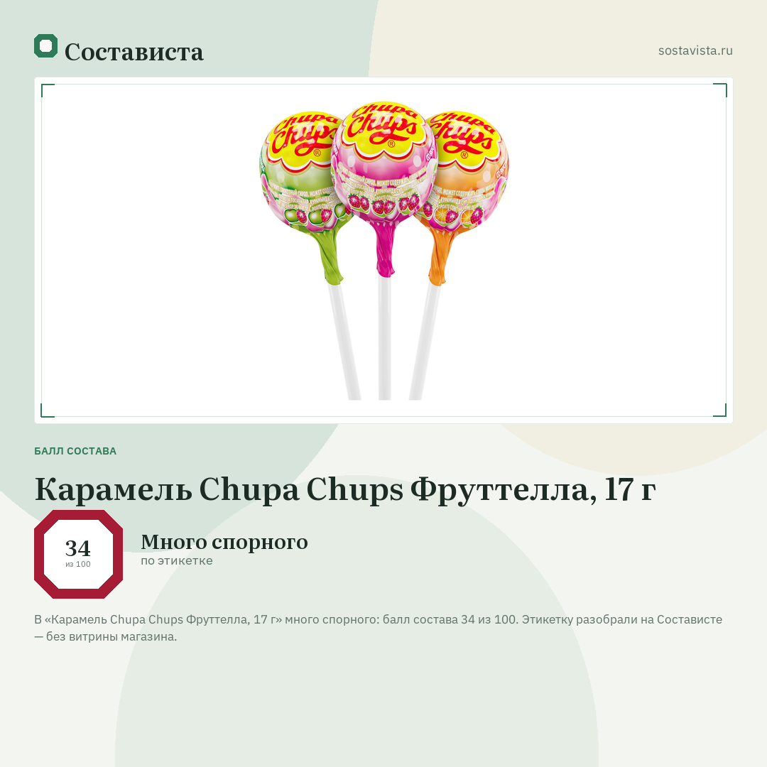 Карамель Chupa Chups Фруттелла, 17 г: балл состава 34 из 100 — Состависта