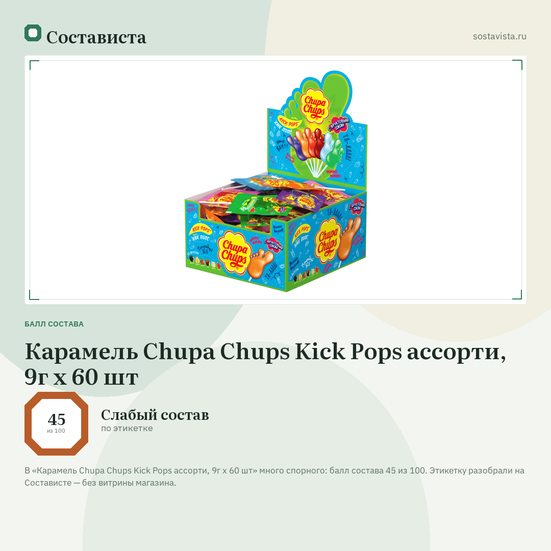 Карамель Chupa Chups Kick Pops ассорти, 9г x 60 шт: балл состава 45 из 100 — Состависта