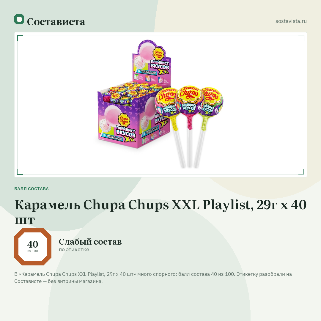 Карамель Chupa Chups XXL Playlist, 29г x 40 шт: балл состава 40 из 100 — Состависта