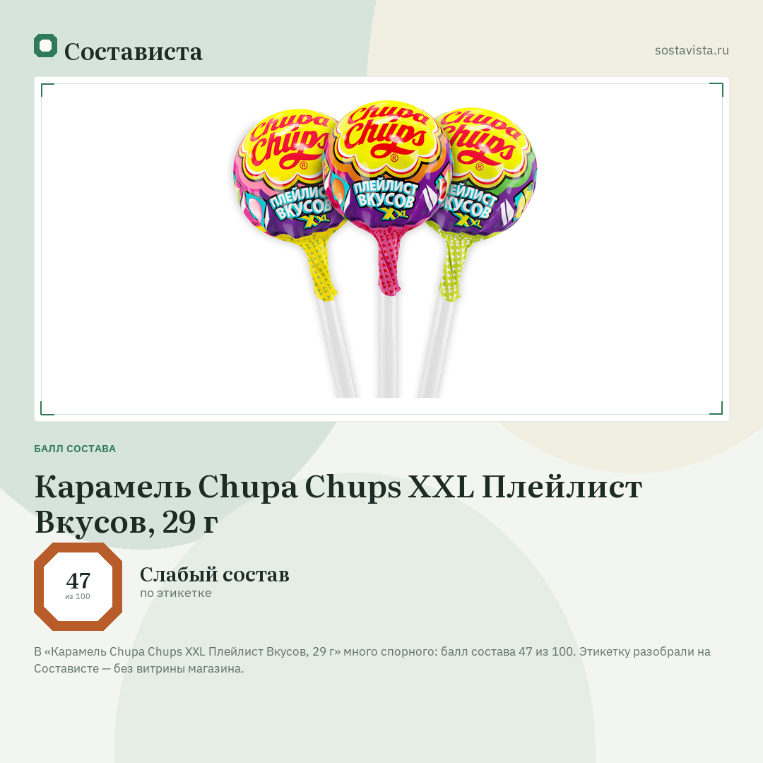 Карамель Chupa Chups XXL Плейлист Вкусов, 29 г: балл состава 47 из 100 — Состависта