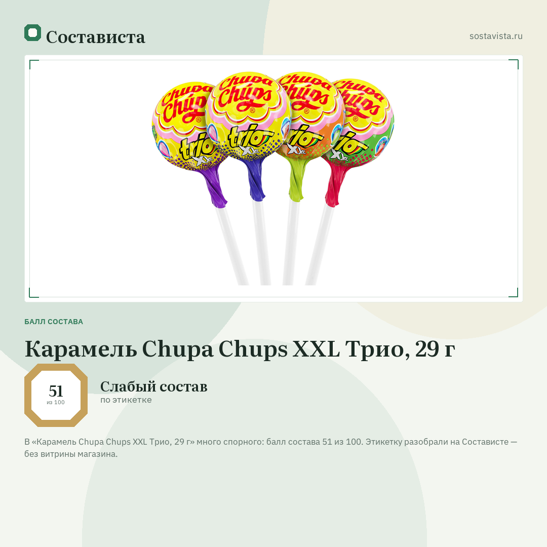 Карамель Chupa Chups XXL Трио, 29 г: балл состава 51 из 100 — Состависта