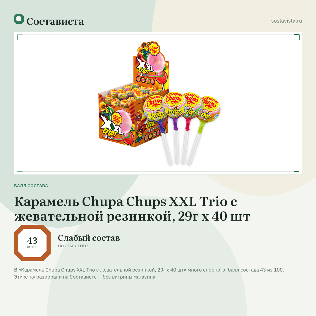 Карамель Chupa Chups XXL Trio с жевательной резинкой, 29г x 40 шт: балл состава 43 из 100 — Состависта