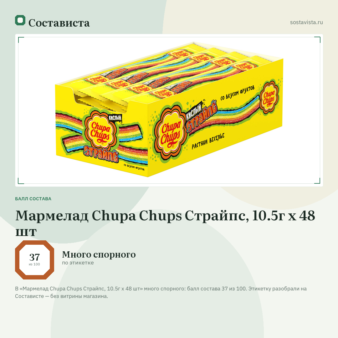 Мармелад Chupa Chups Страйпс, 10.5г x 48 шт: балл состава 37 из 100 — Состависта