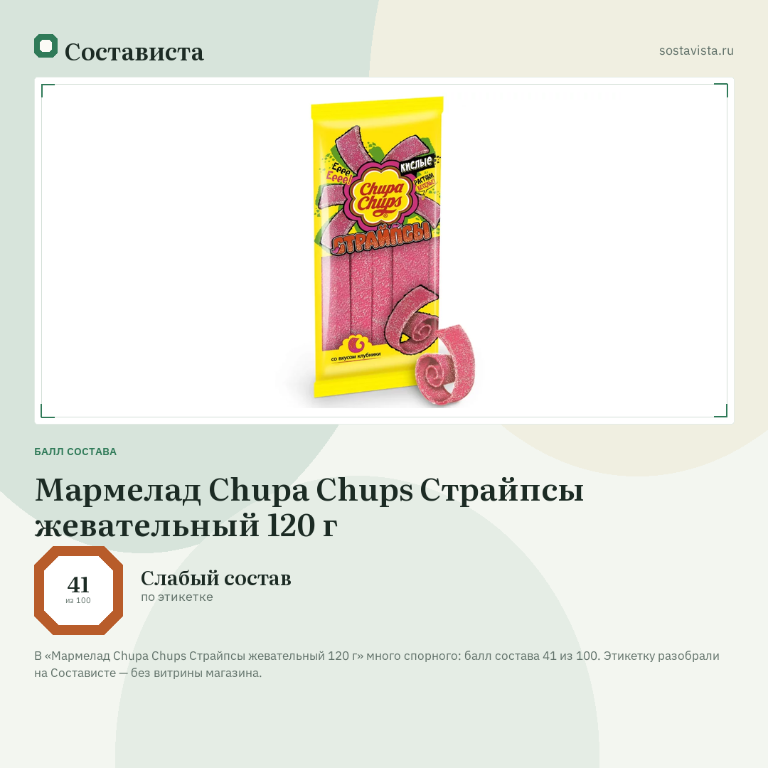 Мармелад Chupa Chups Страйпсы жевательный 120 г: балл состава 41 из 100 — Состависта