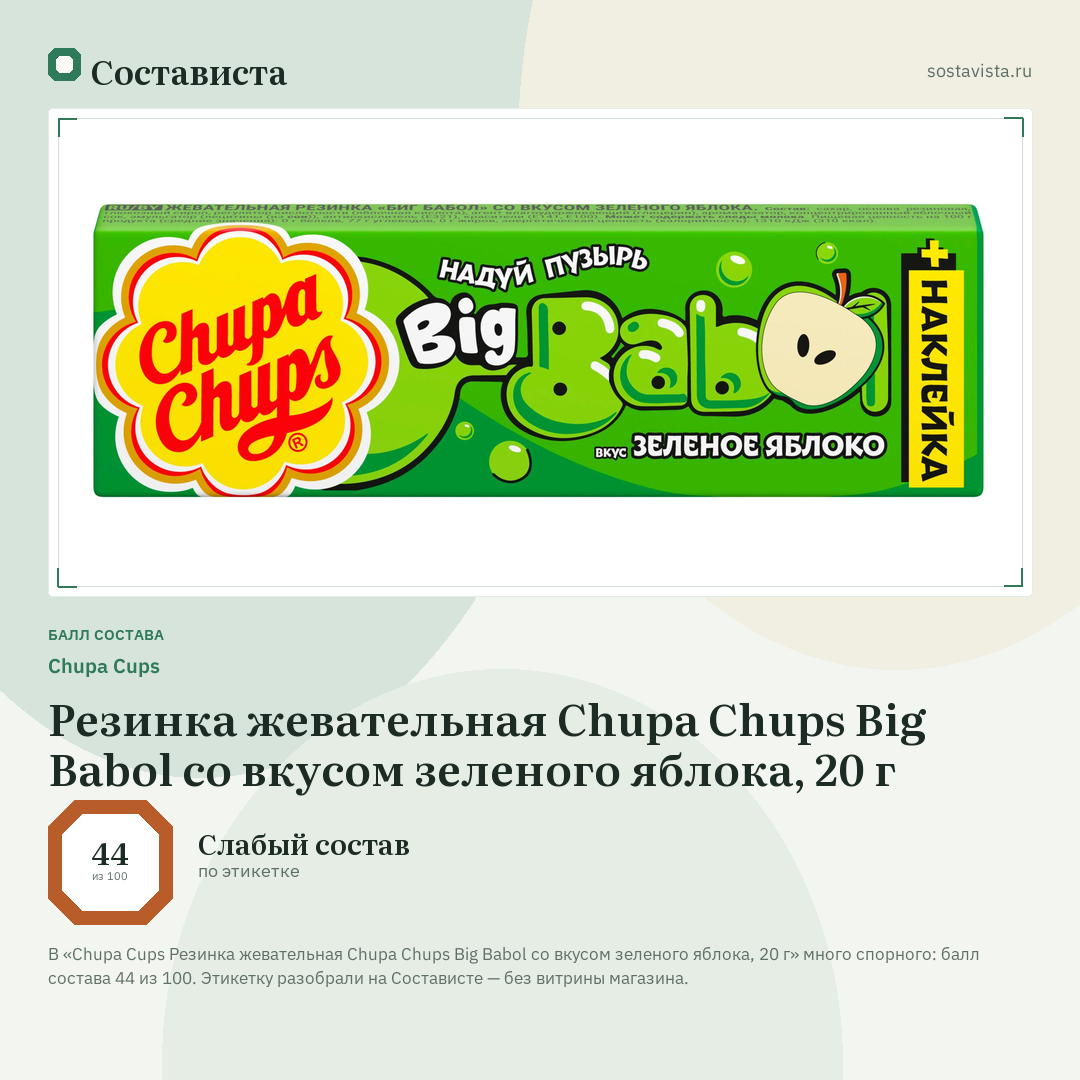 Chupa Cups Резинка жевательная Chupa Chups Big Babol со вкусом зеленого яблока, 20 г: балл состава 44 из 100 — Состависта