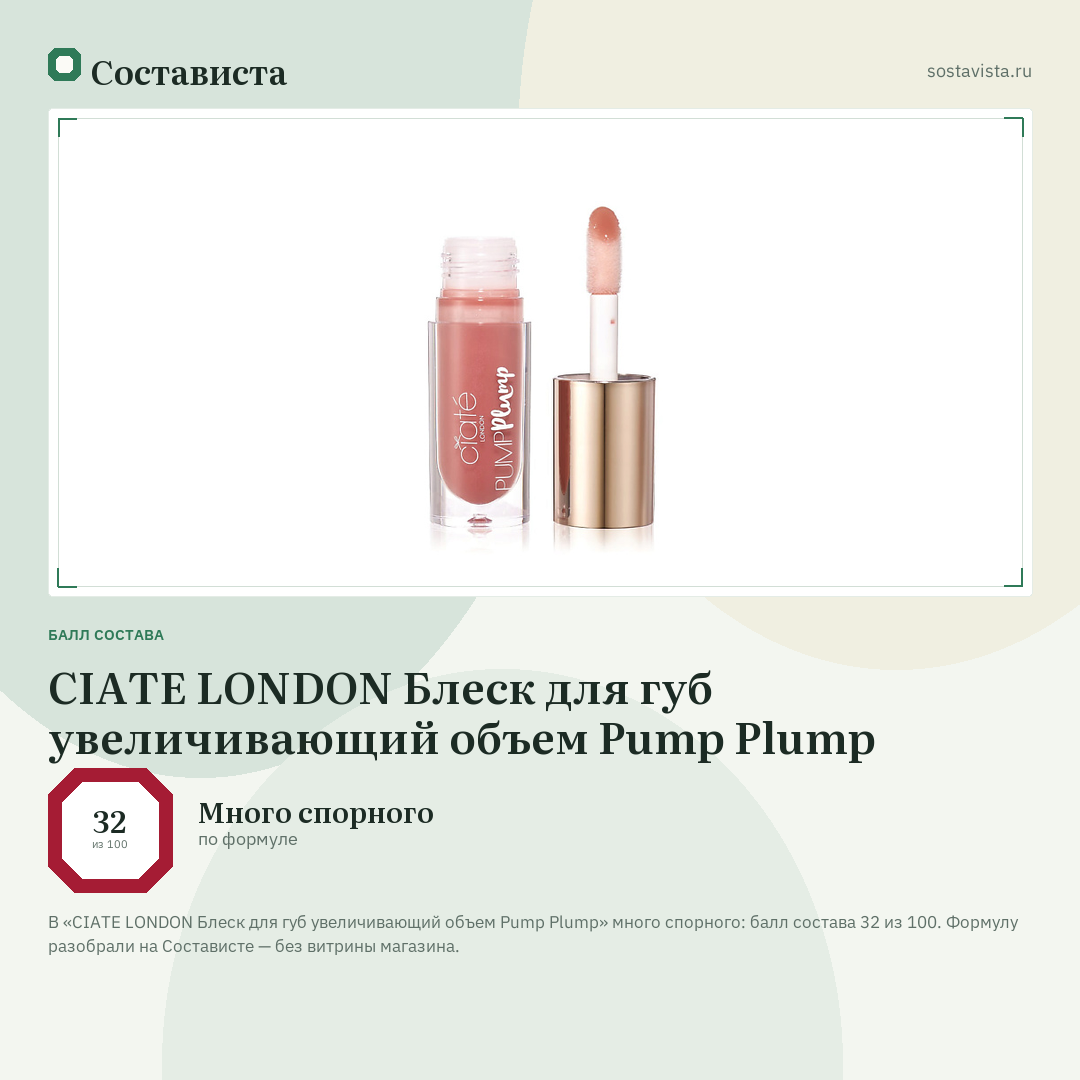 CIATE LONDON Блеск для губ увеличивающий объем Pump Plump: балл состава 32 из 100 — Состависта