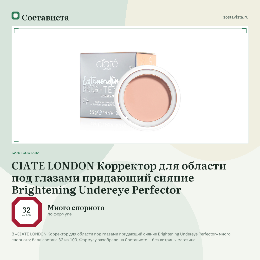 CIATE LONDON Корректор для области под глазами придающий сияние Brightening Undereye Perfector: балл состава 32 из 100 — Состависта