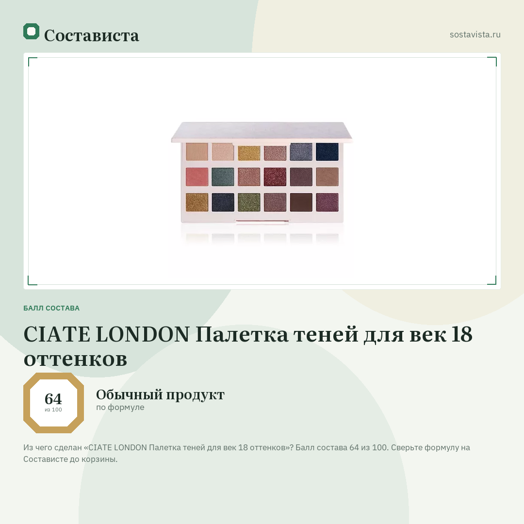 CIATE LONDON Палетка теней для век 18 оттенков: балл состава 64 из 100 — Состависта