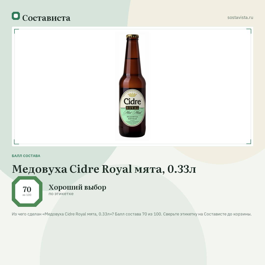 Медовуха Cidre Royal мята, 0.33л: балл состава 70 из 100 — Состависта