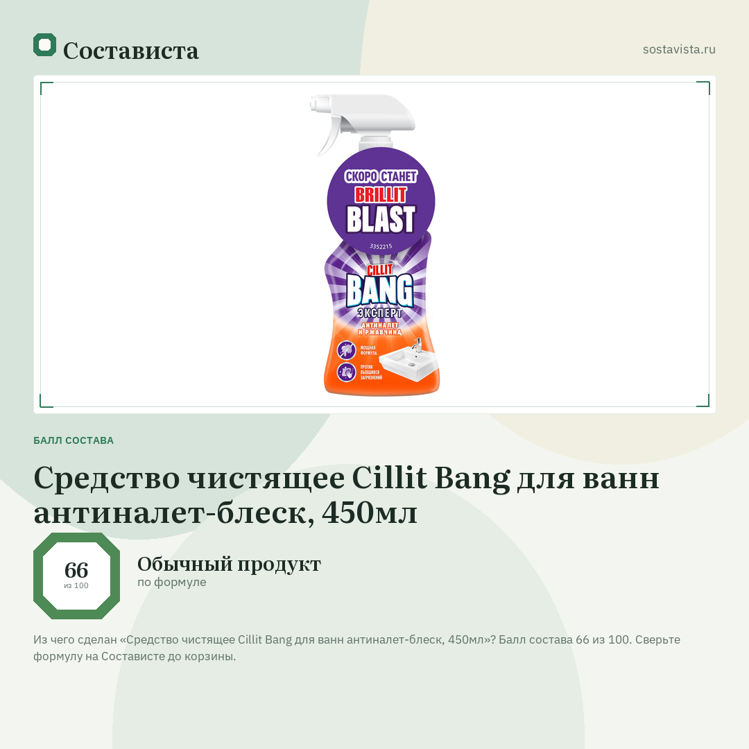 Средство чистящее Cillit Bang для ванн антиналет-блеск, 450мл: балл состава 66 из 100 — Состависта