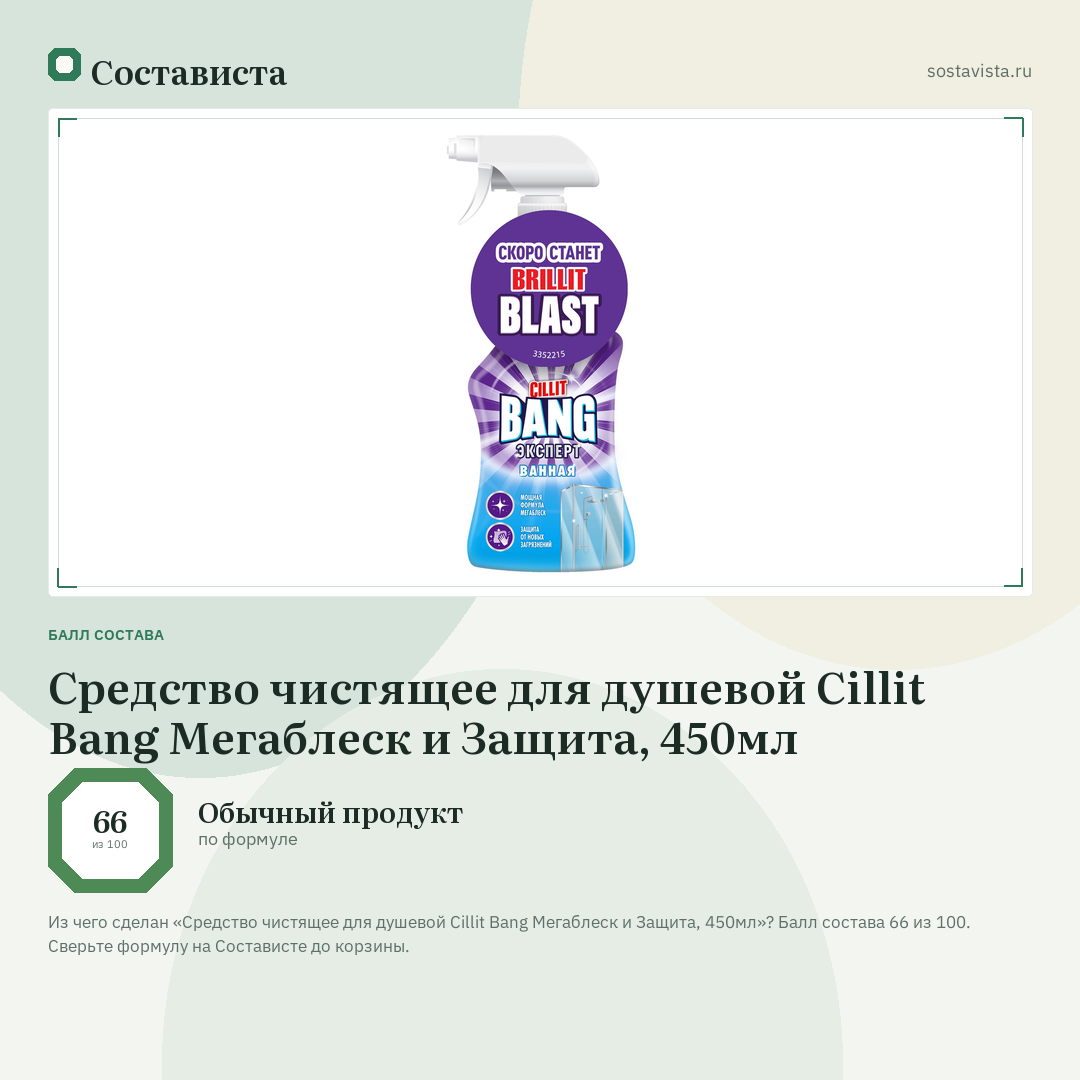 Средство чистящее для душевой Cillit Bang Мегаблеск и Защита, 450мл: балл состава 66 из 100 — Состависта