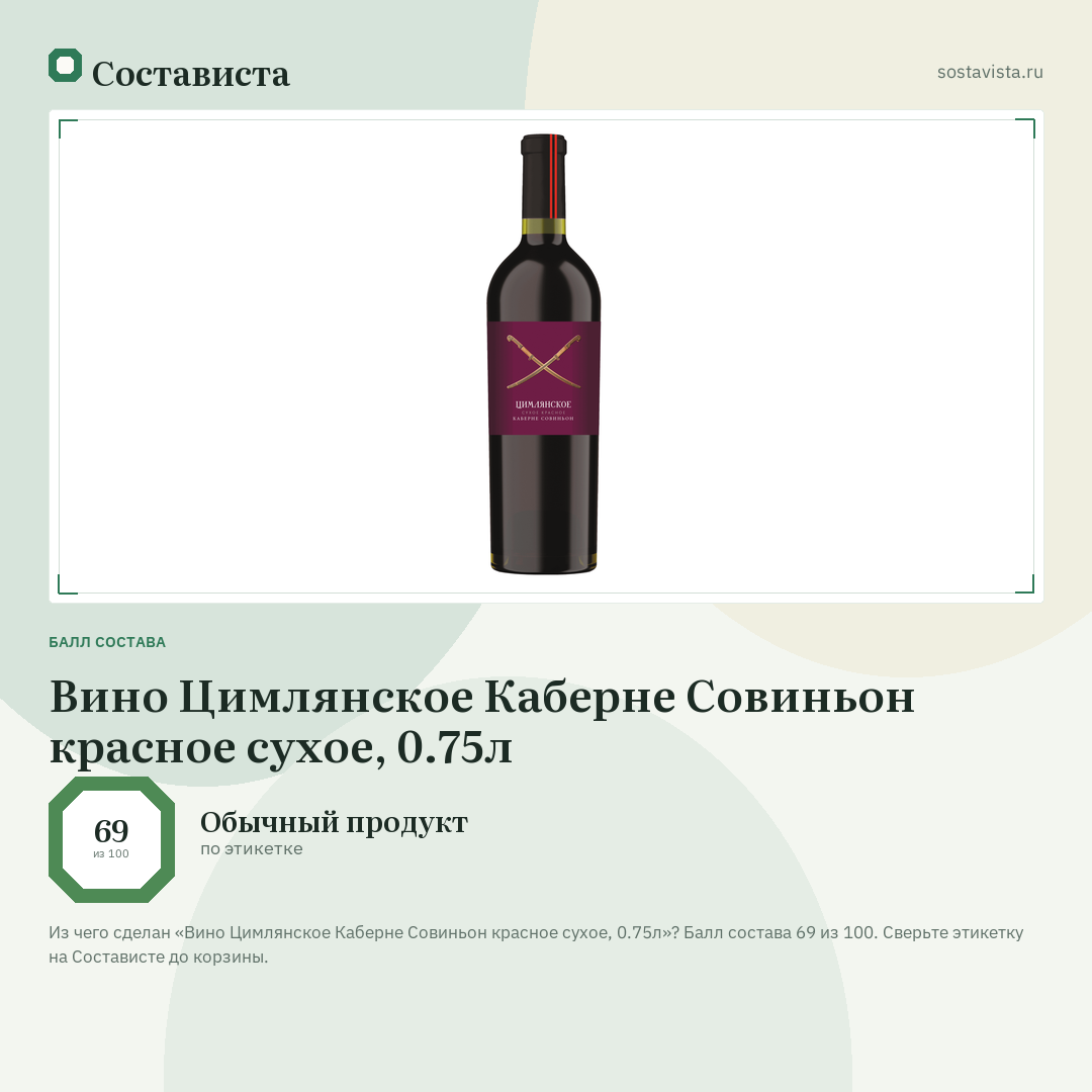 Вино Цимлянское Каберне Совиньон красное сухое, 0.75л: балл состава 69 из 100 — Состависта